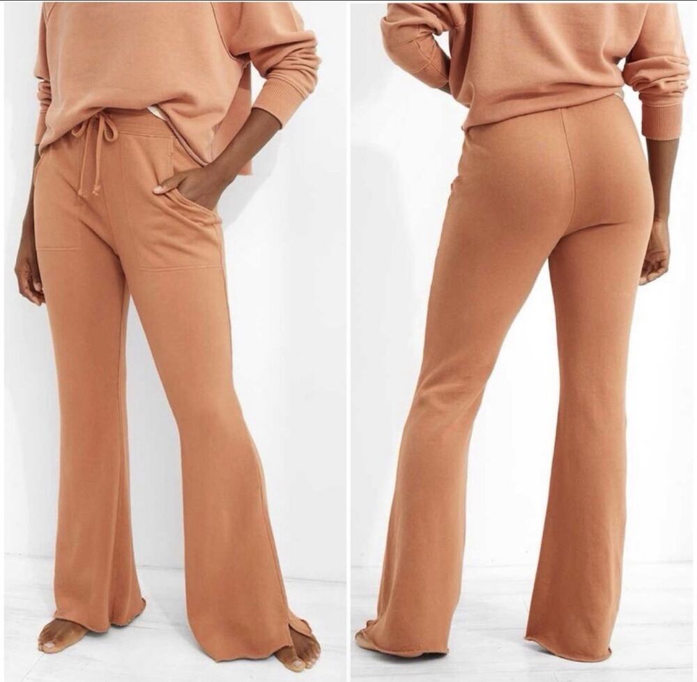 Aerie Weekend Kick-It High Waisted Flare Pant Large Tan Terry Athleisure Travel